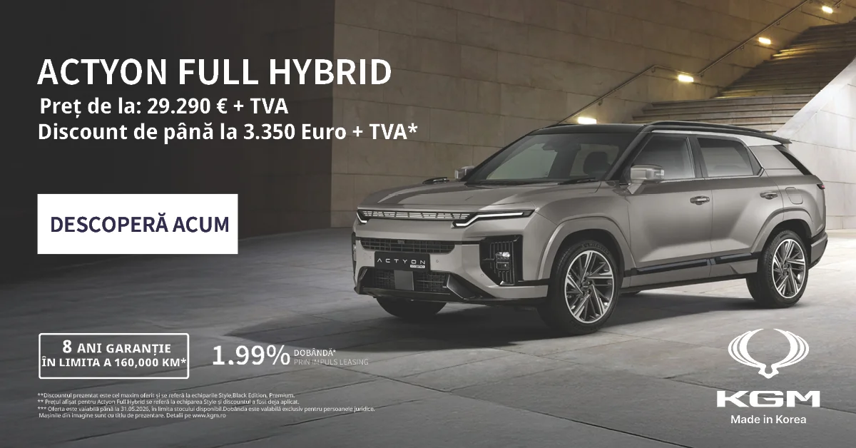 KGM Actyon Full Hybrid — preț de la 29.290 € + TVA, discount până la 3.350 €, 8 ani garanție